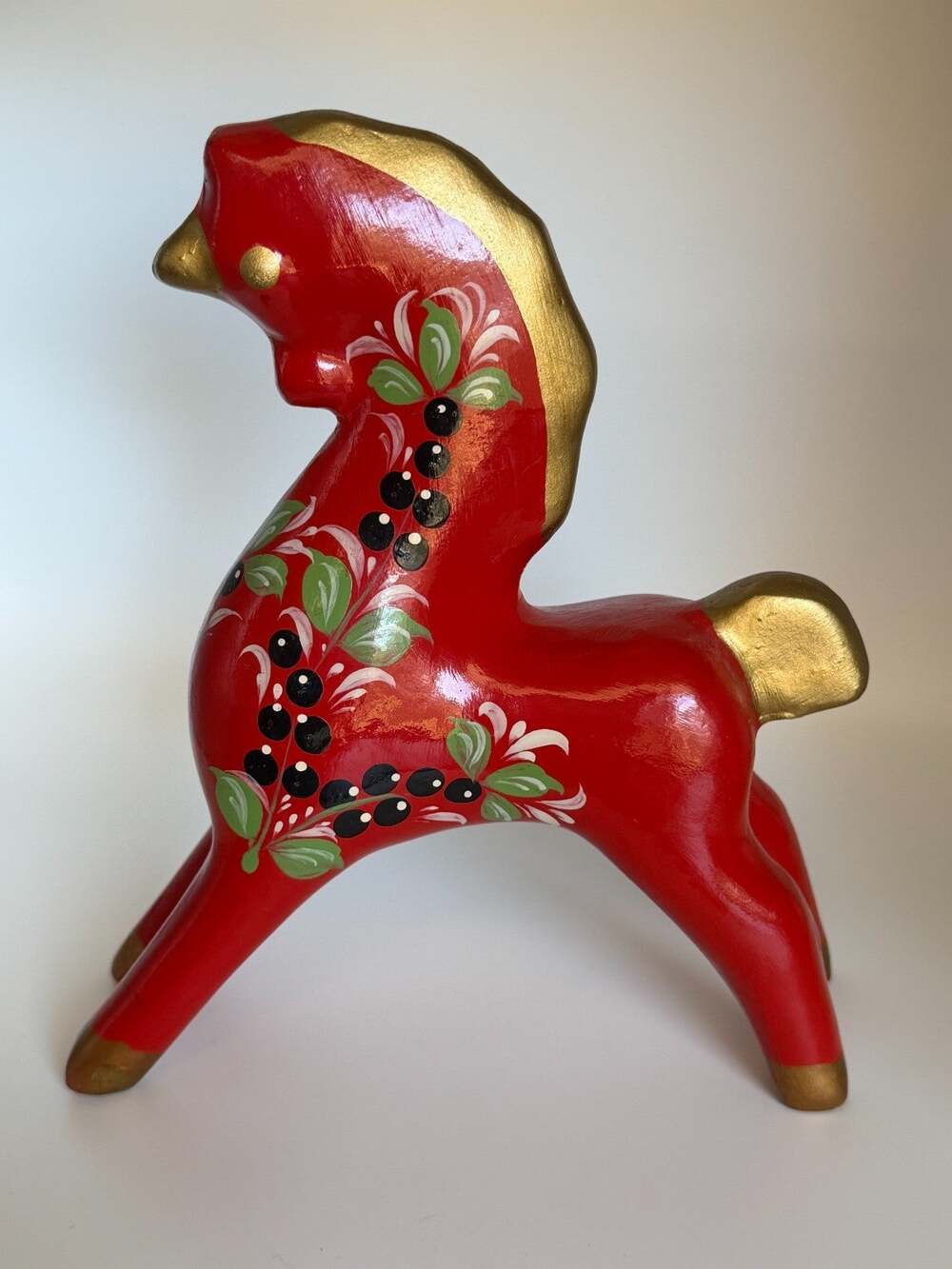 Vintage Russian Khokhloma Style Painted Wooden Horse Folk Art Original Label